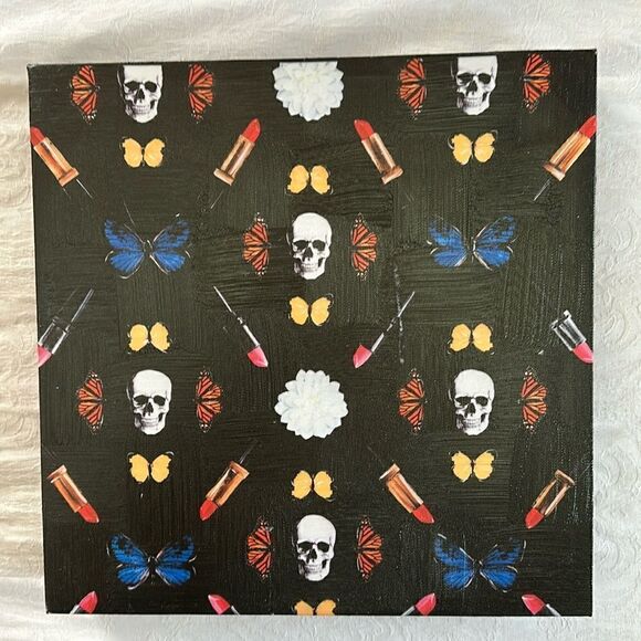 Art Skulls Lipstick  Butterflies Flowers 14” X 14” Stretched Canvas Textured - Picture 1 of 9